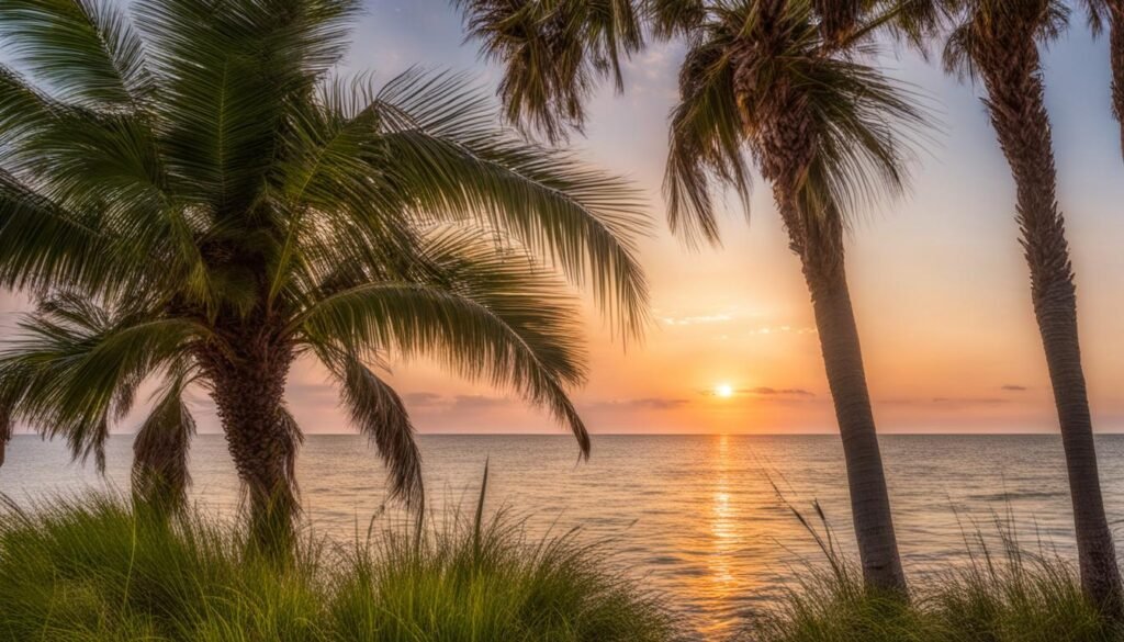 best places to retire in Mississippi. palm trees and wild grass looking at the sunset over the gulf