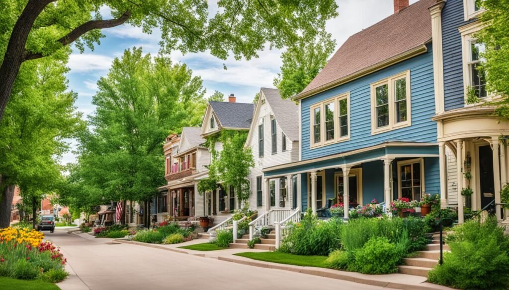 best city to retire in Nebraska. Suburban street lined with homes and tall green trees