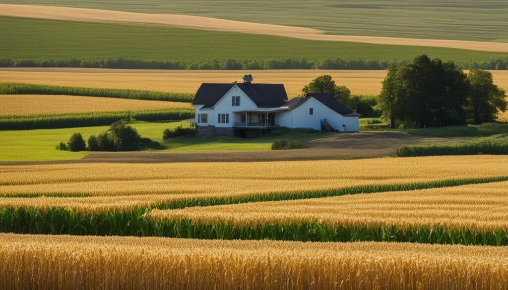 advantages of USDA loan. rural farmhouse surrounded by golden farmland. wheat and corn stalks.