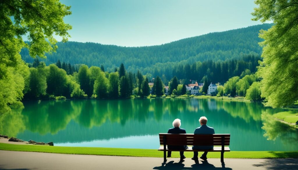 best small towns in Nebraska to retire. beautiful lake with hills full of green trees and two people sitting on a bench looking over the lake.
