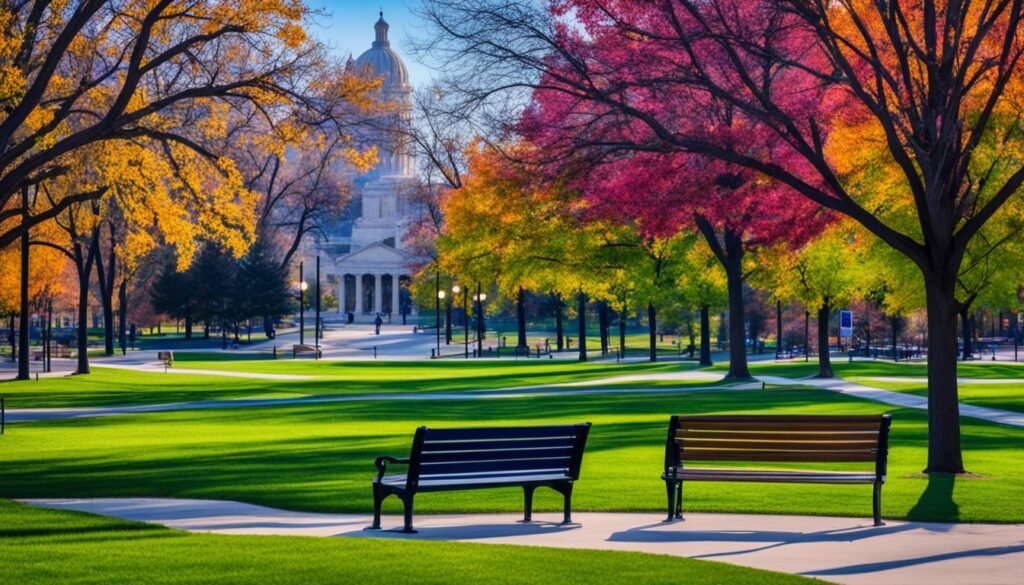 retirement in kansas. empty park benches facing the capital building in autumn. the grass is green and the trees are multi colored