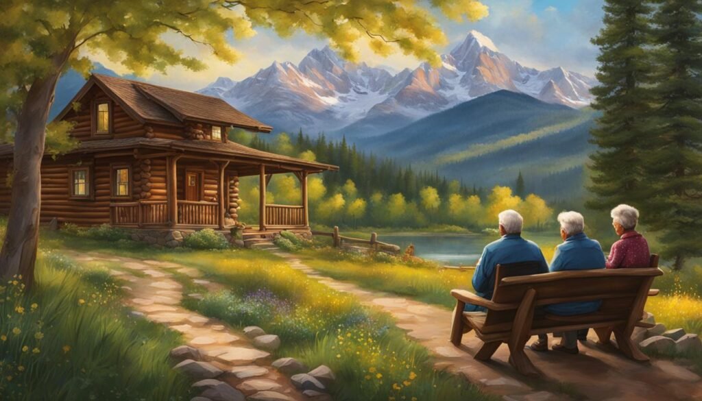 best towns to retire in Colorado. Seniors sitting on bench under a tree in front of their cabin by a pond with a mountain view