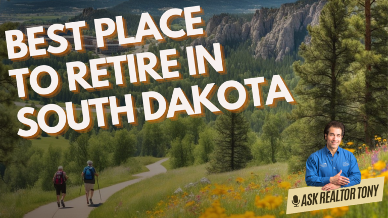 best place to retire in South Dakota Ask Relator Tony. Two senior hikers on a trail in the black hills on a beautiful sunny day. Green trees in the background. Yellow flowers in the foreground