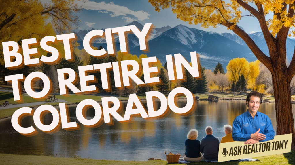 best city to retire in Colorado Ask Realtor Tony. Seniors sitting by a pond in front of a walking trail with a mountain view in the background