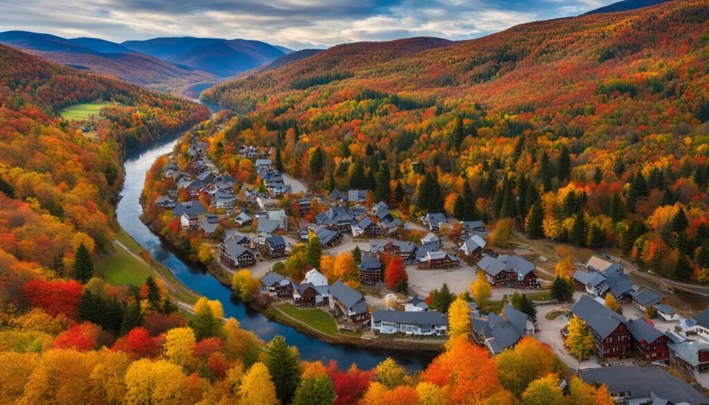 best places to retire in Colorado. Mountain town with riverside homes in autumn