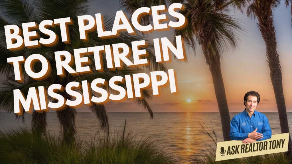 best places to retire in Mississippi ask realtor tony. sunset over the gulf coast body of water with palm trees in the foreground