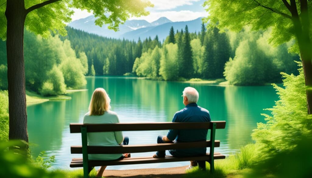 retire in north Dakota. Senior man and woman sitting on bench under green trees and looking over a lake with a mountain range in the background