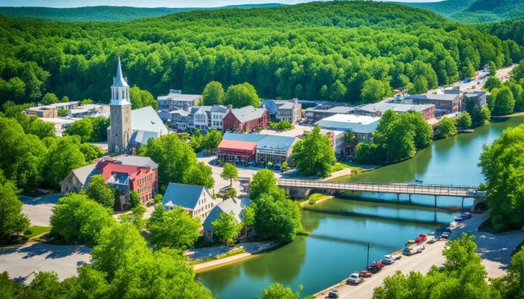 best retirement cities in Arkansas, a river running through a small town with church steeple and a background full of green trees on rolling hills.