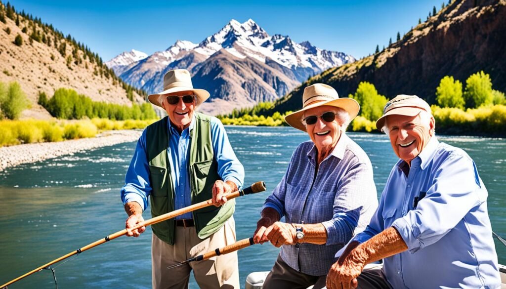 outdoor activities in Blackfoot. 3 happy and smiling seniors fishing on a boat in a river in idaho