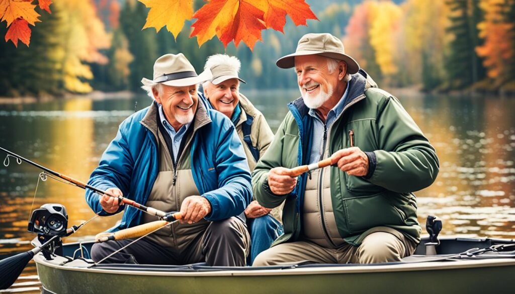 outdoor activities in North Dakota. 3 older men on a boat in a lake fishing. close up of them smiling and enjoying themsevles,