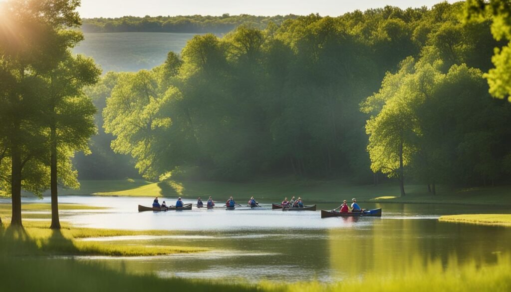 retiring in kansas outdoor adventures. People in several canoes drifting down a slow moving river in the early morning surrounded by lush green trees