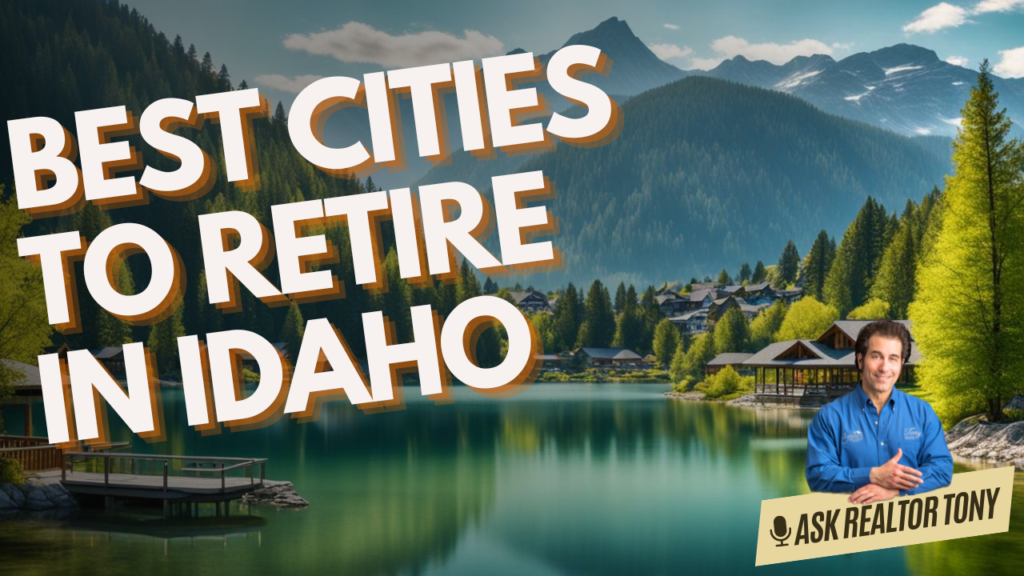 best cities to retire in idaho. Lakefront home with mountain view, village in the background at then of the lake.