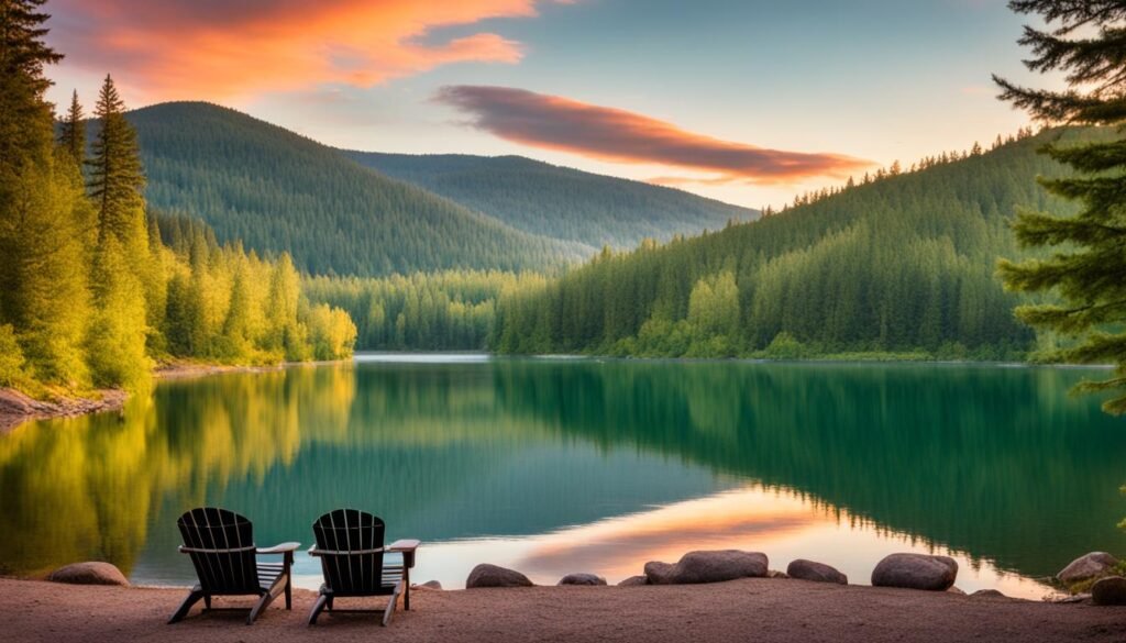 retirement living in Oklahoma. two lawn chairs in front of a calm water lake with hills full of trees in the background at dusk