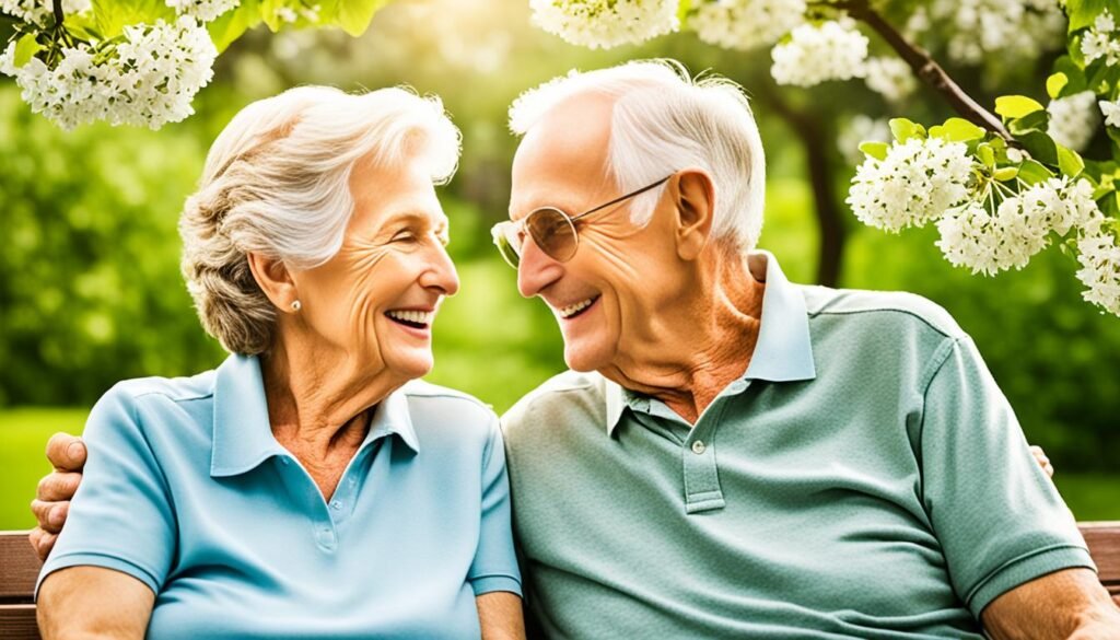 retire in Nebraska. Senior couple smiling at each other in a park with lush green trees and flowers