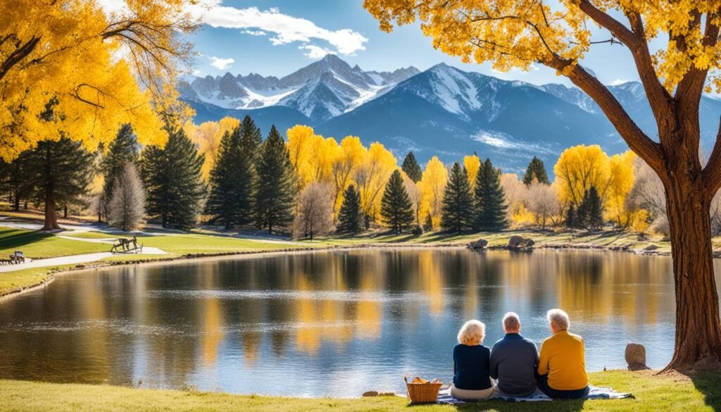 best cities to retire in Colorado. Three seniors sitting in a park by a pond in autumn. There is a beautiful mountain view in the background