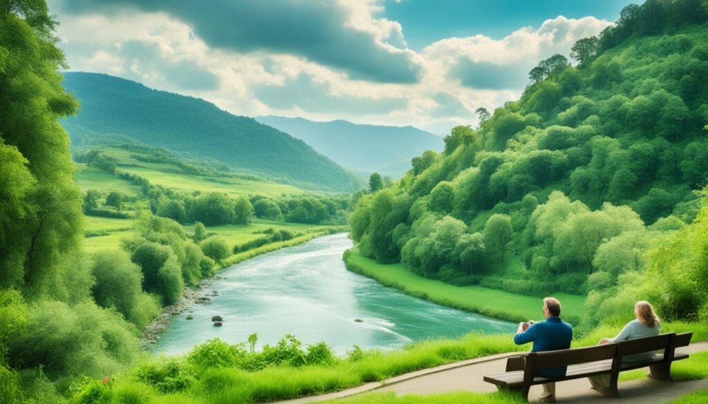 Retiring to Arkansas, senior couple sitting on a bench enjoying the view. A river running through a mountain landscape full of lush green trees.