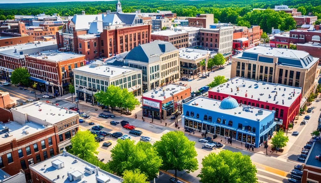 best places to live in Arkansas for retirees, midwestern downtown area with people and cars lining the streets. Arial photo of bustling town and green tree hills in the background