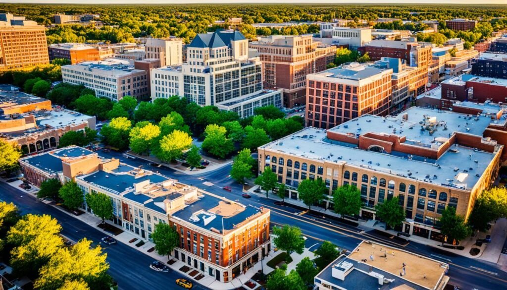 urban retirement living in Oklahoma. Arial view of the downtown area of a city in Oklahoma.