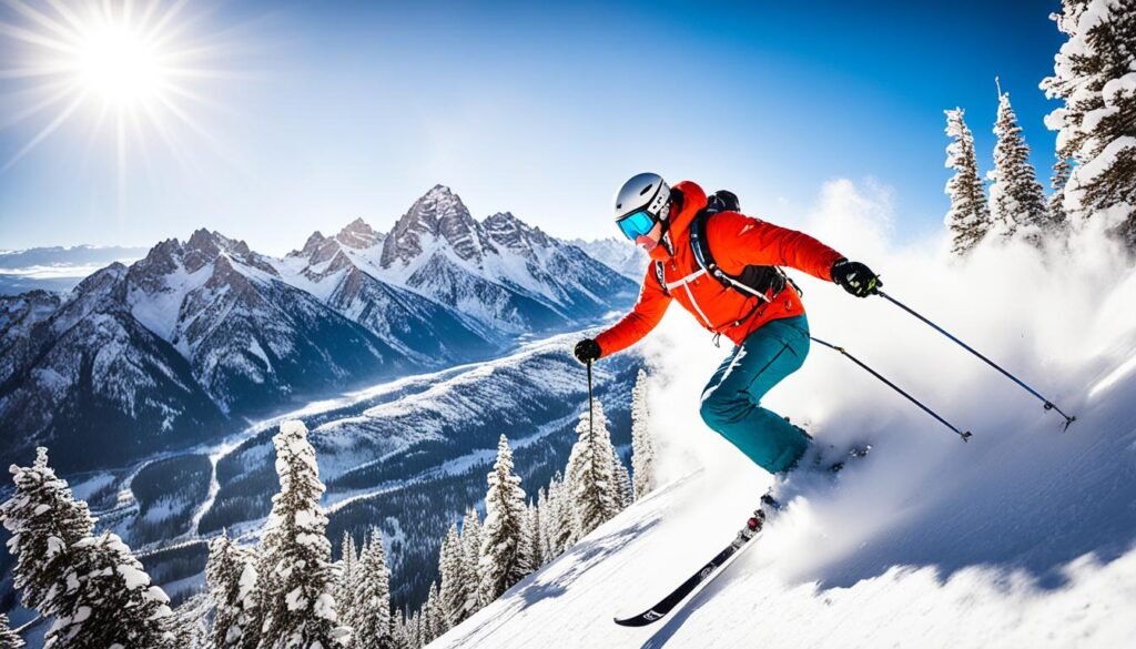 Skiing and living in Jackson Hole Wyoming. skier going down a run with mountain view in the background