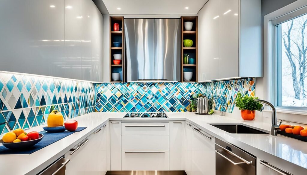 galley kitchen reflective surfaces and colorful backsplash