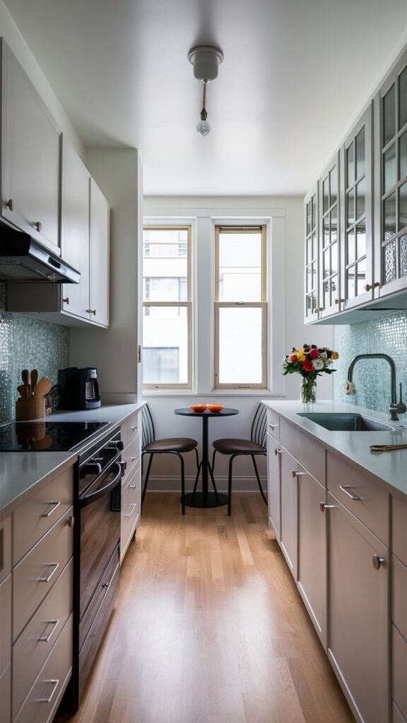 maximize galley kitchen design with light colors and bright accents