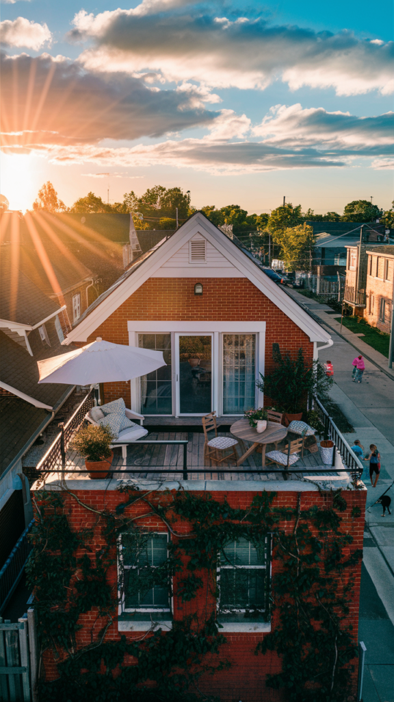 small house with a cozy rooftop deck idea