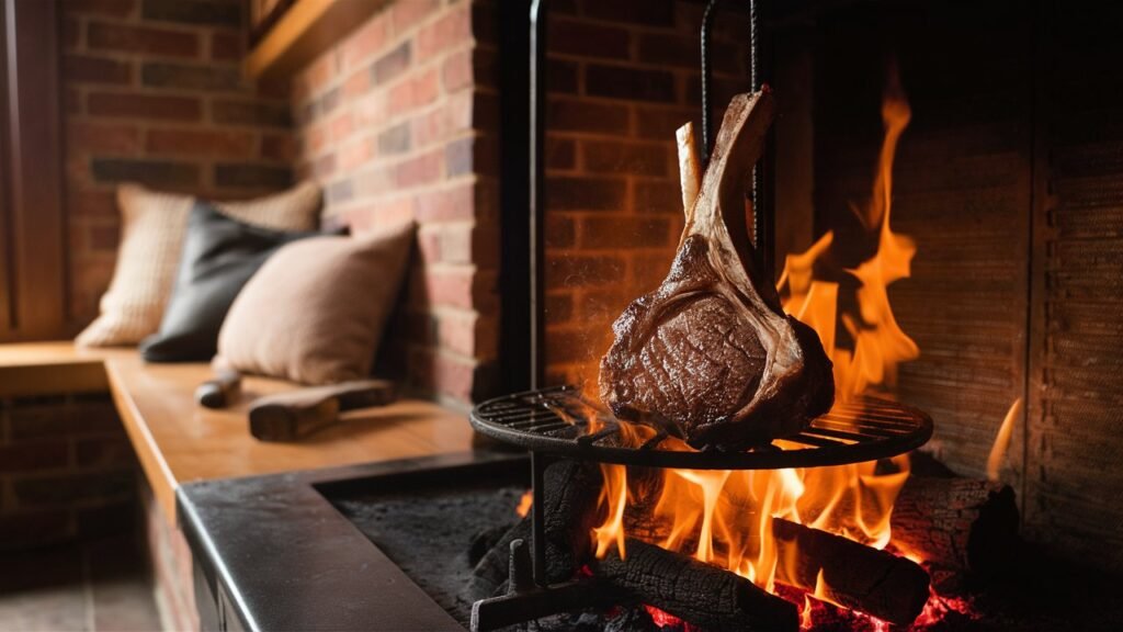 a cozy and inviting photo of a traditional fireplace with a steak being cooked