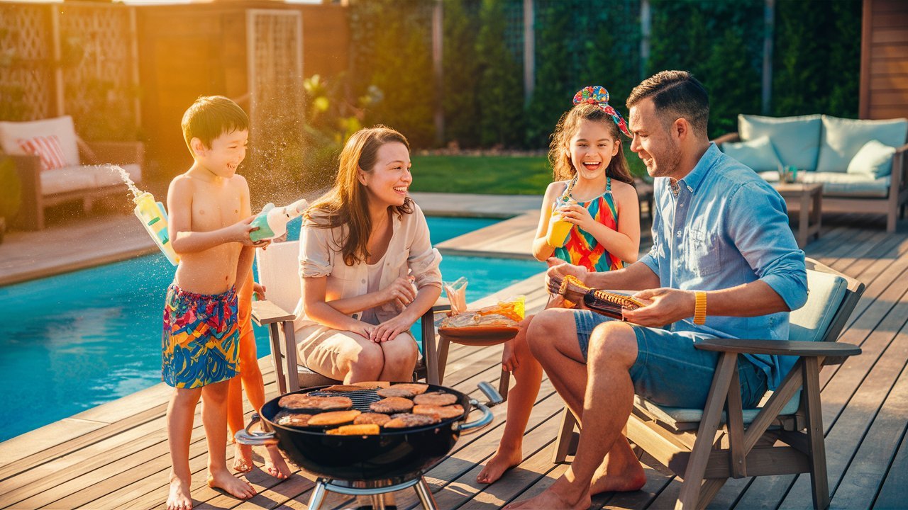 a heartwarming photograph of a family enjoying a backyard pool party bbq