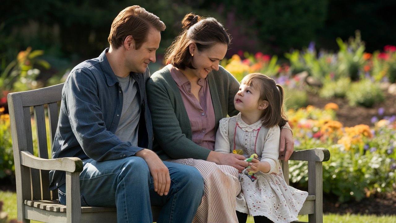 a-heartwarming-photograph of a family sitting on a garden bench