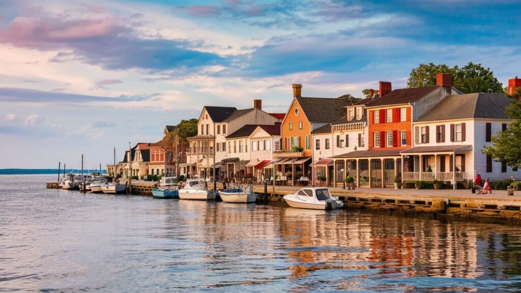 a photo of the delaware coastline with boats docked in front of homes and businesses.