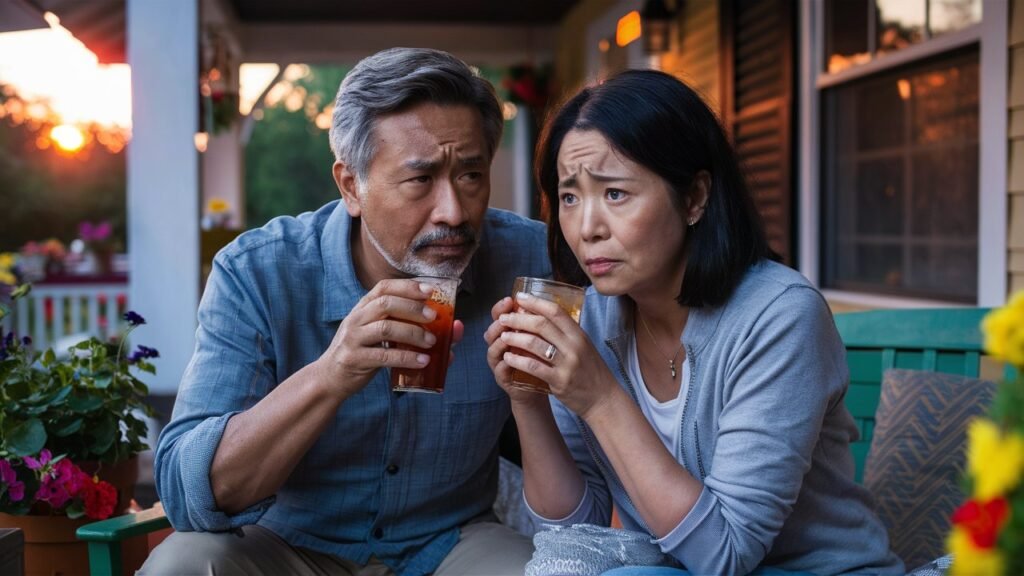 a 50 year old couple sitting on the porch considering their retirement options