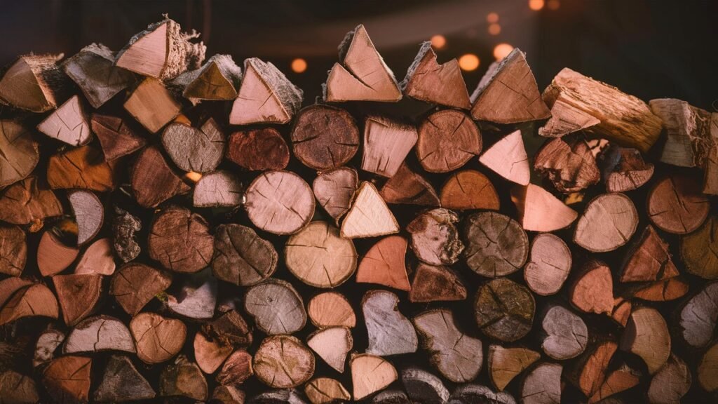 a stunning close up photograph of a carefully stacked pile of firewood