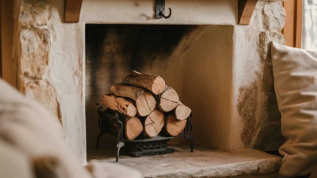 a warm and inviting photo of a small cozy fireplace