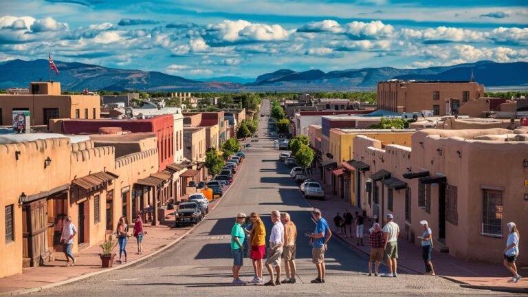 busy street in Santa Fe New Mexico, retirees enjoy shopping and restaurants