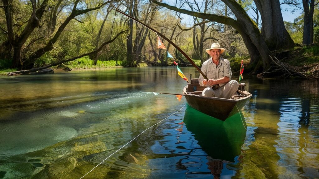 happy man fishing on a boat in a stream