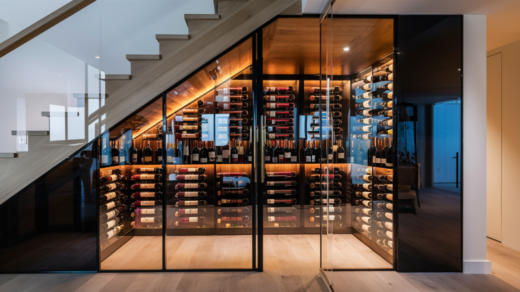 luxury wine cellar built underneath a staircase